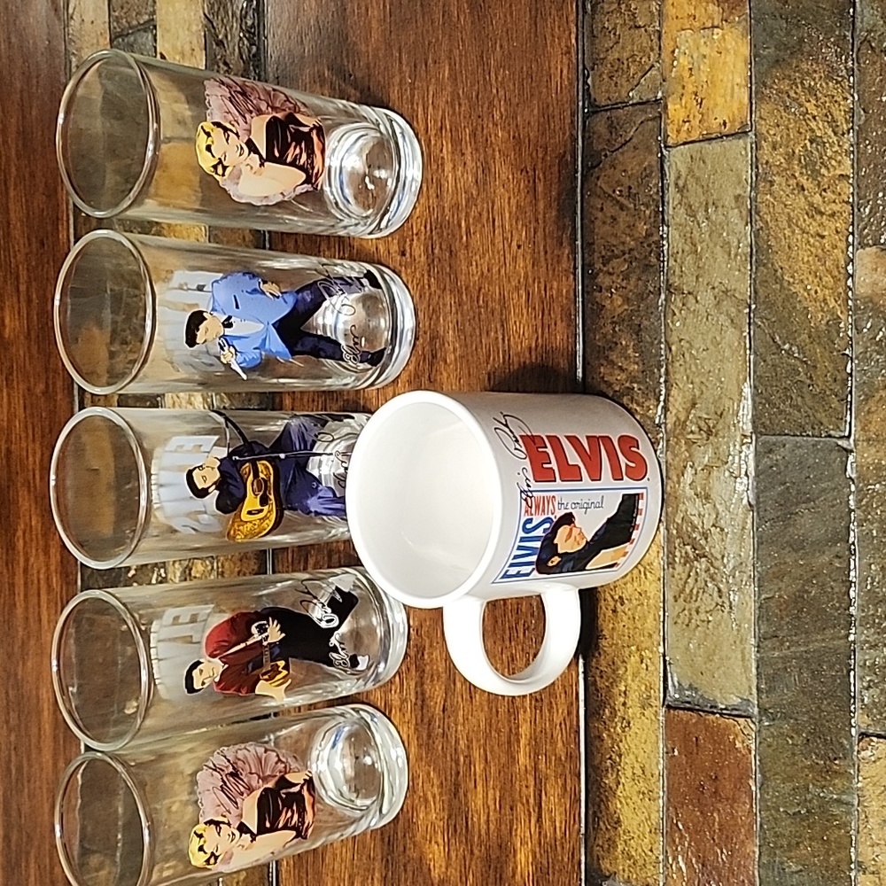 Vintage Elvis Presley, Marilyn Monroe tumblers & EP coffee cup.